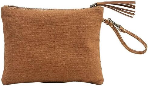 Myra Bag Puzzled Upcycled Canvas & Leather Pouch Wristlet Bag S-1565 in Saudi Arabia