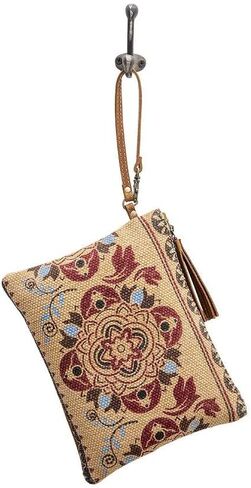 Myra Bag Puzzled Upcycled Canvas & Leather Pouch Wristlet Bag S-1565 in Saudi Arabia