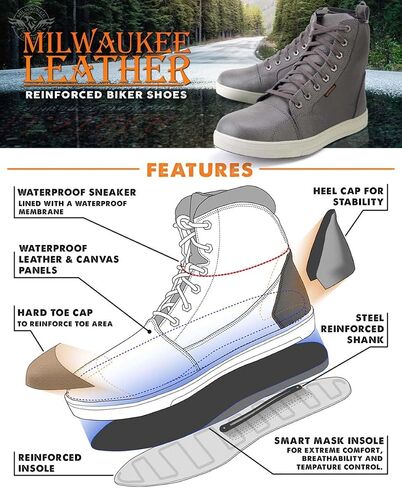 Milwaukee Leather MBM9003WP Men's Grey Leather and Canvas Reinforced Street Riding Waterproof Shoes with Ankle Support in Saudi Arabia