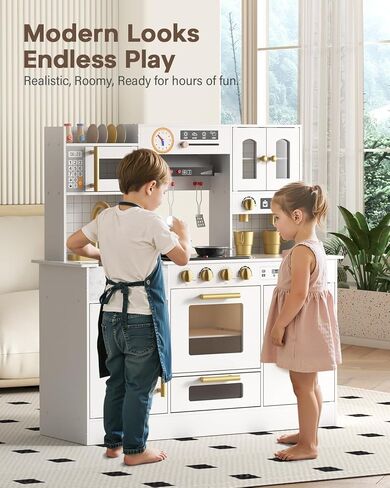 BIERUM Wooden Play Kitchen for Kids Ages 3-8 with Lights & Sounds, Pretend Play Kitchen Set with Stove, Ice Maker, Coffee Maker, Oven & Accessories, Toddler Kitchen Playset for Boys and Girls (White) in Kuwait