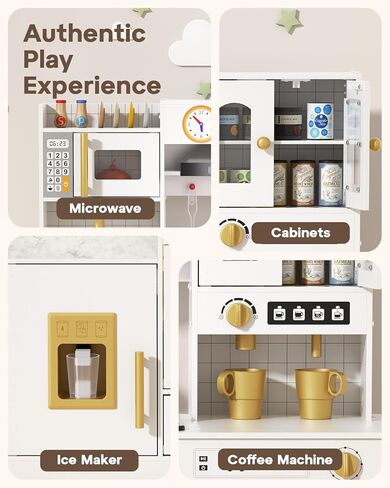 BIERUM Wooden Play Kitchen for Kids Ages 3-8 with Lights & Sounds, Pretend Play Kitchen Set with Stove, Ice Maker, Coffee Maker, Oven & Accessories, Toddler Kitchen Playset for Boys and Girls (White) in Kuwait