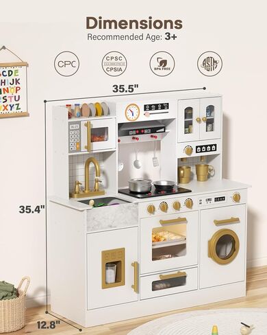 BIERUM Wooden Play Kitchen for Kids Ages 3-8 with Lights & Sounds, Pretend Play Kitchen Set with Stove, Ice Maker, Coffee Maker, Oven & Accessories, Toddler Kitchen Playset for Boys and Girls (White) in Kuwait