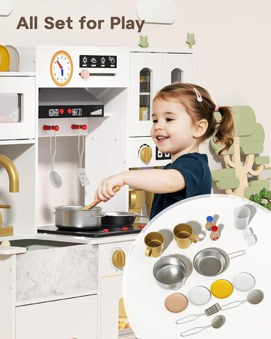 BIERUM Wooden Play Kitchen for Kids Ages 3-8 with Lights & Sounds, Pretend Play Kitchen Set with Stove, Ice Maker, Coffee Maker, Oven & Accessories, Toddler Kitchen Playset for Boys and Girls (White) in Kuwait