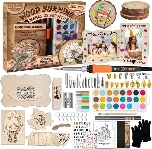 K KERNOWO Wood Burning Kit - 156Pcs All-in-One Wood Burning Tool Pen Adjustable Temperature Wood Burner Kit Crafts Gifts for Adults & Teens, Woodburning Kits for Beginner Pyrography in Kuwait