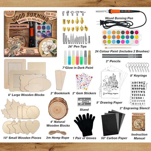 K KERNOWO Wood Burning Kit - 156Pcs All-in-One Wood Burning Tool Pen Adjustable Temperature Wood Burner Kit Crafts Gifts for Adults & Teens, Woodburning Kits for Beginner Pyrography in Kuwait