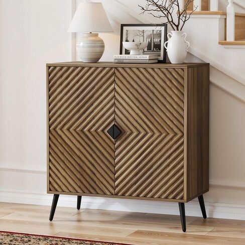 Sideboard Cabinet with Adjustable Shelf, Freestanding Walnut Small Buffet with Storage, Wooden Console Cabinet with Diamond Parquetry Doors for Living Room, Entryway, Console in Saudi Arabia