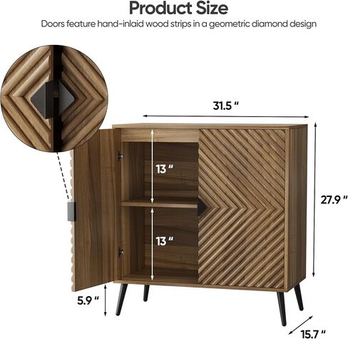 Sideboard Cabinet with Adjustable Shelf, Freestanding Walnut Small Buffet with Storage, Wooden Console Cabinet with Diamond Parquetry Doors for Living Room, Entryway, Console in Saudi Arabia