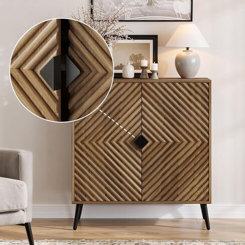 Sideboard Cabinet with Adjustable Shelf, Freestanding Walnut Small Buffet with Storage, Wooden Console Cabinet with Diamond Parquetry Doors for Living Room, Entryway, Console in Saudi Arabia