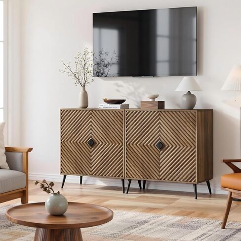 Sideboard Cabinet with Adjustable Shelf, Freestanding Walnut Small Buffet with Storage, Wooden Console Cabinet with Diamond Parquetry Doors for Living Room, Entryway, Console in Saudi Arabia