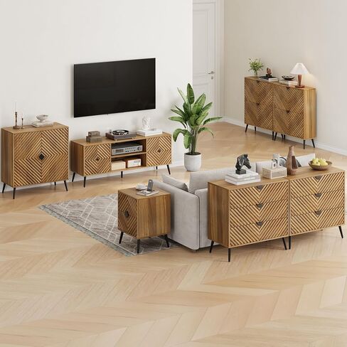 Sideboard Cabinet with Adjustable Shelf, Freestanding Walnut Small Buffet with Storage, Wooden Console Cabinet with Diamond Parquetry Doors for Living Room, Entryway, Console in Saudi Arabia