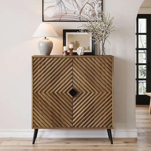 Sideboard Cabinet with Adjustable Shelf, Freestanding Walnut Small Buffet with Storage, Wooden Console Cabinet with Diamond Parquetry Doors for Living Room, Entryway, Console in Saudi Arabia