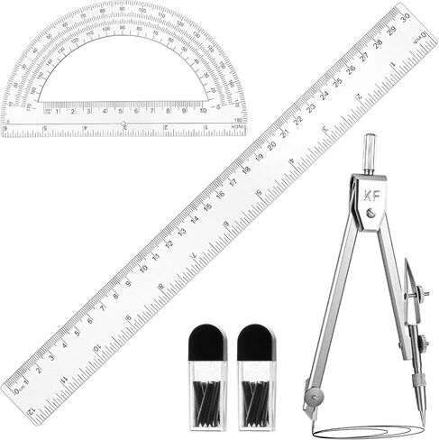 3 Pcs Clear Protractor and Compasses 12 Inch Ruler Set, Geometry Math Transparent Measuring Tools, Transparent Drawing Measuring Rulers for Office Woodworking Art Drawing in Saudi Arabia