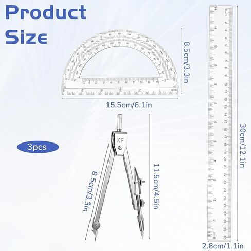 3 Pcs Clear Protractor and Compasses 12 Inch Ruler Set, Geometry Math Transparent Measuring Tools, Transparent Drawing Measuring Rulers for Office Woodworking Art Drawing in Saudi Arabia