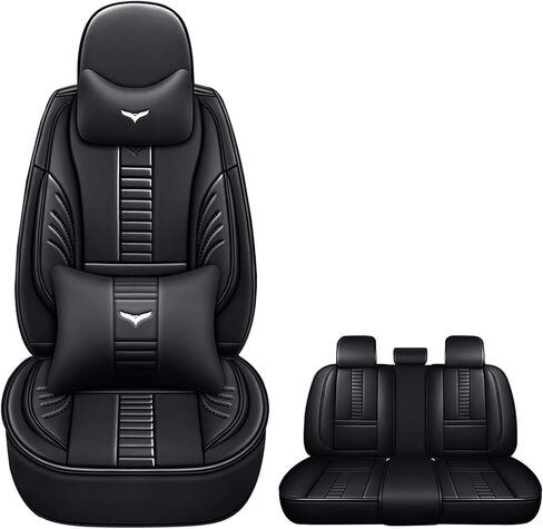 Full Set of Universal Fit Automotive Seat Covers fit for Mitsubishi 1999-2025 95% Models, PU Leather Automobile Interior Sets with Headrest & Back Pillow Black & Black Line in Saudi Arabia