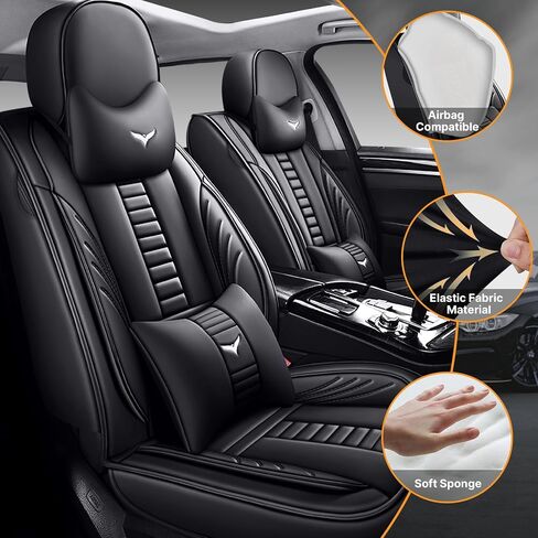 Full Set of Universal Fit Automotive Seat Covers fit for Mitsubishi 1999-2025 95% Models, PU Leather Automobile Interior Sets with Headrest & Back Pillow Black & Black Line in Saudi Arabia