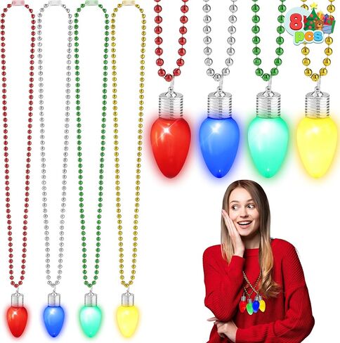 JOYIN 8 Pcs LED Xmas Bead Necklaces with Bulb Pendants,Light Up with Jumbo Bulb Lights in 3 Lighting Modes Xmas Bells Necklace Accessory for Adult Kids Sweater New Year Party Supplies in Saudi Arabia