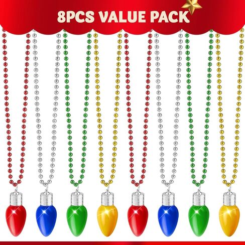 JOYIN 8 Pcs LED Xmas Bead Necklaces with Bulb Pendants,Light Up with Jumbo Bulb Lights in 3 Lighting Modes Xmas Bells Necklace Accessory for Adult Kids Sweater New Year Party Supplies in Saudi Arabia