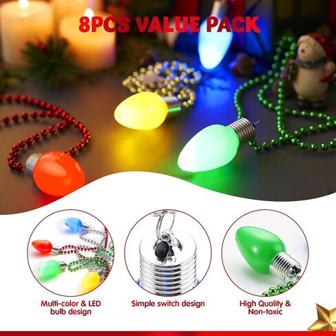 JOYIN 8 Pcs LED Xmas Bead Necklaces with Bulb Pendants,Light Up with Jumbo Bulb Lights in 3 Lighting Modes Xmas Bells Necklace Accessory for Adult Kids Sweater New Year Party Supplies in Saudi Arabia