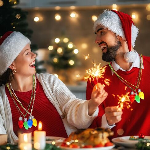 JOYIN 8 Pcs LED Xmas Bead Necklaces with Bulb Pendants,Light Up with Jumbo Bulb Lights in 3 Lighting Modes Xmas Bells Necklace Accessory for Adult Kids Sweater New Year Party Supplies in Saudi Arabia