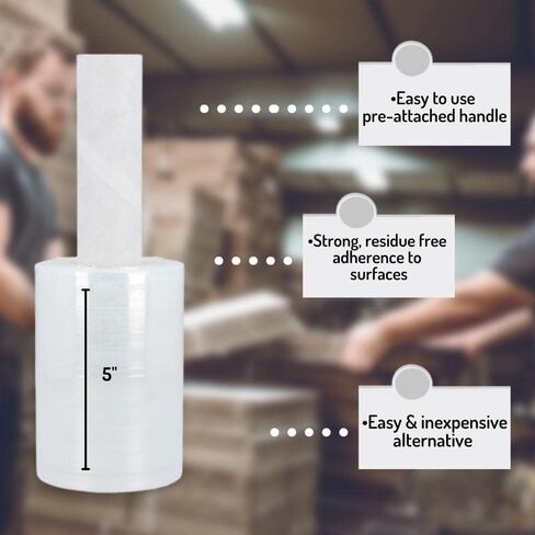 مستلزمات التعبئة والتغليف عن طريق البريد - غلاف PSBM صغير قابل للتمدد بمقابض، 12 عبوة، 5 بوصة × 1000 قدم، 80 مقياس، لاصق بلاستيكي شفاف مع مقابض مرفقة مسبقًا مدمجة in Kuwait