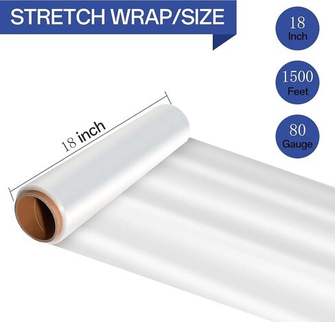 Stretch Wrap Roll 18" x 1500 FT,Heavy Duty 600% Stretch,Clear 80 Gauge Industrial Strength Stretch Film,Plastic Wrap for Pallets,Packing, Shipping&Furniture Protection ​–4 Rolls with Handles in Kuwait