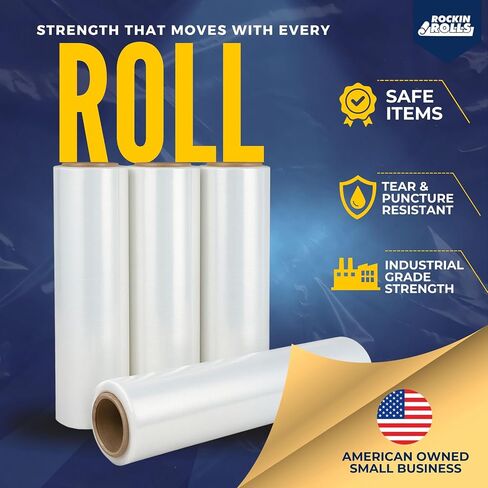 غلاف فيلم مطاطي من Rockin Rolls، 4 لفات من غلاف البليت شديد التحمل - مقاس 18 بوصة × 1500 قدم × 80 مقياس، غلاف متحرك من البلاستيك الشفاف للتغليف والشحن والأثاث والأمتعة - لفة تغليف قابلة للانكماش ذاتية الالتصاق in Saudi Arabia