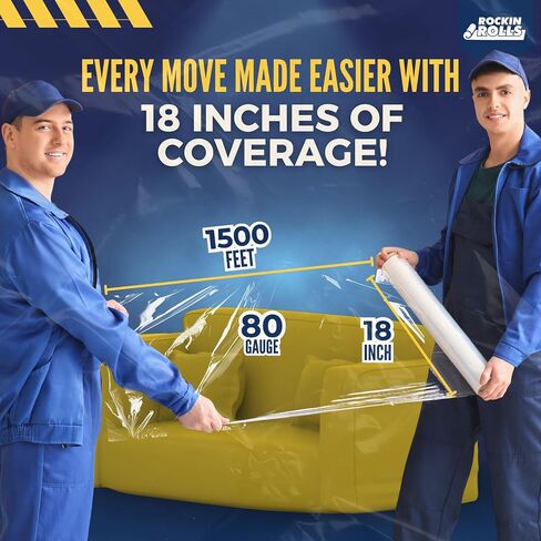 غلاف فيلم مطاطي من Rockin Rolls، 4 لفات من غلاف البليت شديد التحمل - مقاس 18 بوصة × 1500 قدم × 80 مقياس، غلاف متحرك من البلاستيك الشفاف للتغليف والشحن والأثاث والأمتعة - لفة تغليف قابلة للانكماش ذاتية الالتصاق in Saudi Arabia