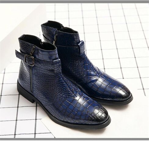 Yuizko Men'S Crocodile Print Leather Side Zipper Chelsea Ankle Boots Fashion Low-Heels Pointed Toe Buckle Casual Dress Short Booties in Kuwait