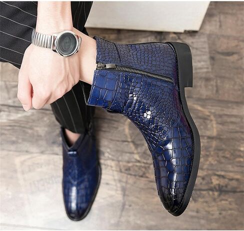 Yuizko Men'S Crocodile Print Leather Side Zipper Chelsea Ankle Boots Fashion Low-Heels Pointed Toe Buckle Casual Dress Short Booties in Kuwait