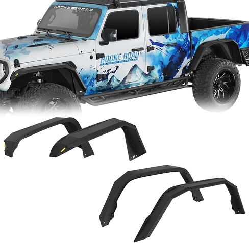 مشاعل الحاجز ذات النمط المسطح من Hooke Road Gladiator مع أضواء إشارة الانعطاف لـ 2020-2025 Jeep Gladiator JT، مجموعة مصدات أمامية وخلفية من الفولاذ الأسود المزخرف in Kuwait