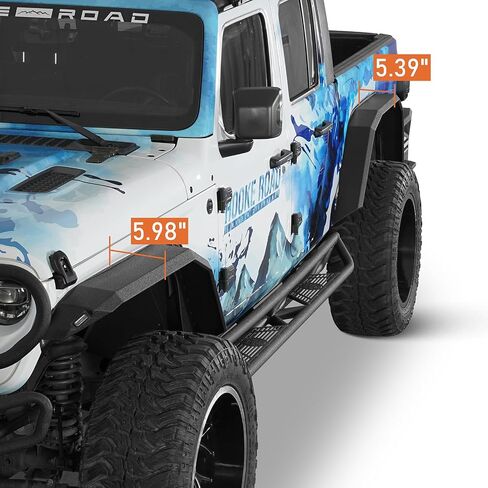 مشاعل الحاجز ذات النمط المسطح من Hooke Road Gladiator مع أضواء إشارة الانعطاف لـ 2020-2025 Jeep Gladiator JT، مجموعة مصدات أمامية وخلفية من الفولاذ الأسود المزخرف in Kuwait