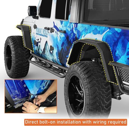 مشاعل الحاجز ذات النمط المسطح من Hooke Road Gladiator مع أضواء إشارة الانعطاف لـ 2020-2025 Jeep Gladiator JT، مجموعة مصدات أمامية وخلفية من الفولاذ الأسود المزخرف in Kuwait