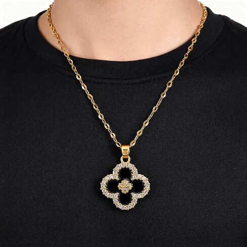 Gold Tone Necklace with Black Enamel Pendant, Crystals Four leaf Clove Charm in Saudi Arabia