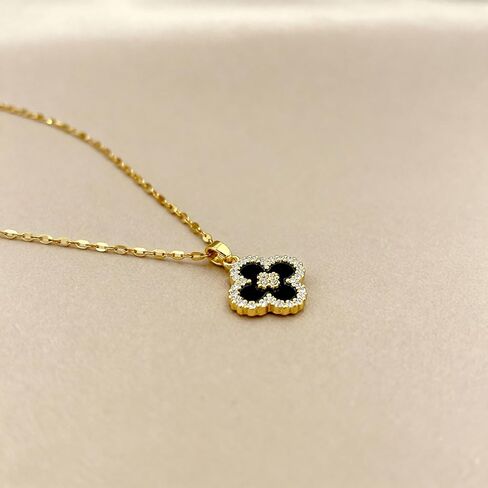Gold Tone Necklace with Black Enamel Pendant, Crystals Four leaf Clove Charm in Saudi Arabia