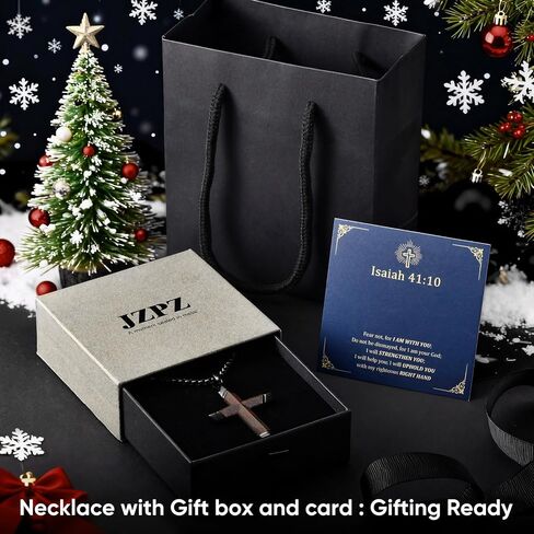 Wooden Cross Necklace for Men : Natural Ebony Wood Christian Cross Pendant 24" Box Chain,Silver/Black/Gold Plated Stainless Steel Religious Crucifix,Premium Gift for Him,Son,Husband,Boyfriend,Birthday in Saudi Arabia