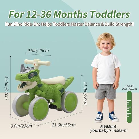 Dinosaur Balance Bike for 1-3 Year Olds, Toddler 4-Wheel No-Pedal Walker Scooter with Music & Mist Spray Effects, ASTM Certified First Birthday Gift for Boys & Girls in Saudi Arabia