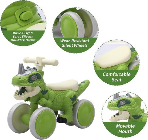 Dinosaur Balance Bike for 1-3 Year Olds, Toddler 4-Wheel No-Pedal Walker Scooter with Music & Mist Spray Effects, ASTM Certified First Birthday Gift for Boys & Girls in Saudi Arabia