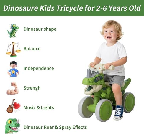 Dinosaur Balance Bike for 1-3 Year Olds, Toddler 4-Wheel No-Pedal Walker Scooter with Music & Mist Spray Effects, ASTM Certified First Birthday Gift for Boys & Girls in Saudi Arabia
