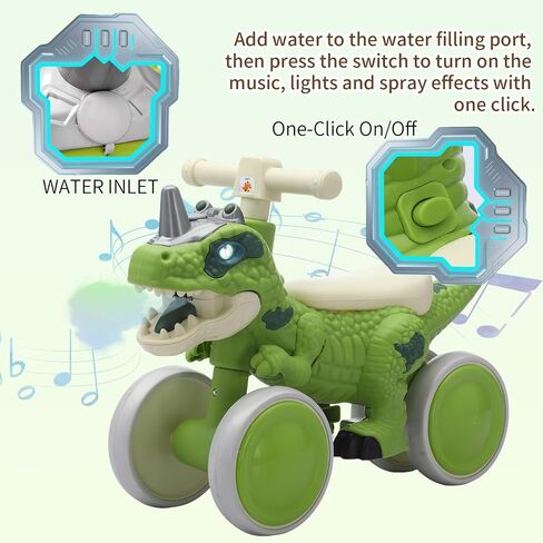 Dinosaur Balance Bike for 1-3 Year Olds, Toddler 4-Wheel No-Pedal Walker Scooter with Music & Mist Spray Effects, ASTM Certified First Birthday Gift for Boys & Girls in Saudi Arabia