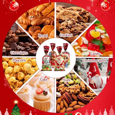 أكياس حلوى عيد الميلاد، 100 قطعة من أكياس حلوى عيد الميلاد مع أربطة ذهبية ملتوية، حقيبة هدايا عيد الميلاد حقيبة جودي لتغليف كعكة الشوكولاتة، هدايا عيد الميلاد الشتوية لحفلات الكريسماس in Kuwait
