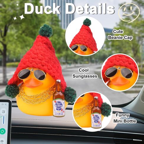 Car Dashboard Rubber Ducks Christmas Decorations, Cute Winter Rubber Ducky for Car Ornament with Knit Hat, Sunglasses, Necklace, 3in in Saudi Arabia
