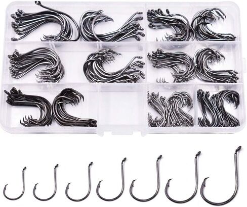 100pcs Size 4#~6/0 Offset Point Octopus Hook with Closed Eye Black High Carbon Steel Sport Circle Hook in Kuwait