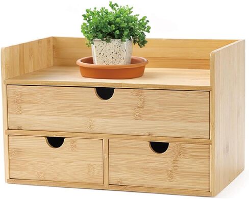 منظم مكتب من الخيزران بثلاثة أدراج مع رف - تخزين المكياج ومنظم سطح الطاولة للمكتب المنزلي أو مكان العمل أو الحمام - لا يتطلب تجميعًا in Kuwait