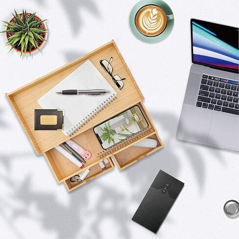 منظم مكتب من الخيزران بثلاثة أدراج مع رف - تخزين المكياج ومنظم سطح الطاولة للمكتب المنزلي أو مكان العمل أو الحمام - لا يتطلب تجميعًا in Kuwait