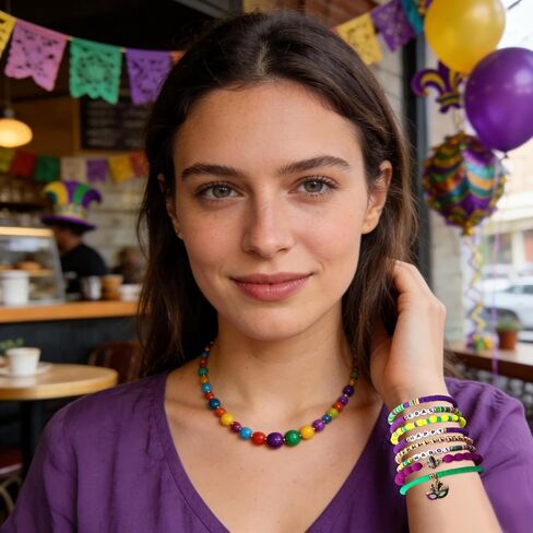 Holiday Beaded Heishi Bracelets Set for Women Girl Valentine Day Mardi Gras Bracelets Jewelry Set for Party Carnival Parade in Kuwait