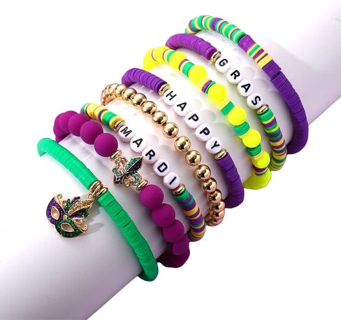 Holiday Beaded Heishi Bracelets Set for Women Girl Valentine Day Mardi Gras Bracelets Jewelry Set for Party Carnival Parade in Kuwait