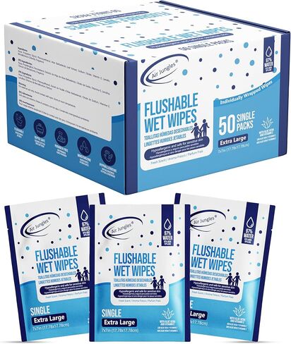 Air Jungles Flushable Wet Wipes 6 Packs, 300 Gentle Cleansing Wipes, Large 7"x7" Size, Fresh Scent, Moisturizing with Aloe Vera & Vitamin E, for Adults and Babies Resealable Packaging in Kuwait