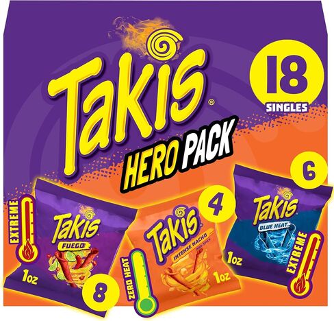 Takis 18 pc / 1 oz Variety Pack, Assorted Flavored Mixed Rolled Tortilla Chips – (5) Fuego, (5) Blue Heat, (4) Nitro, (4) Crunchy Fajitas (Pack of 2) in Saudi Arabia