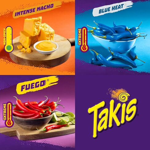 Takis 18 pc / 1 oz Variety Pack, Assorted Flavored Mixed Rolled Tortilla Chips – (5) Fuego, (5) Blue Heat, (4) Nitro, (4) Crunchy Fajitas (Pack of 2) in Saudi Arabia
