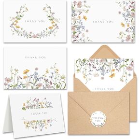 Floral Thank You Cards With Envelopes (bulk 20-4x6)- Thank You Notes With Envelopes Set - Wildflower Thank You Cards With Envelope And Stickers - for Birthday, Wedding, Bridal Showers, Baby Showers